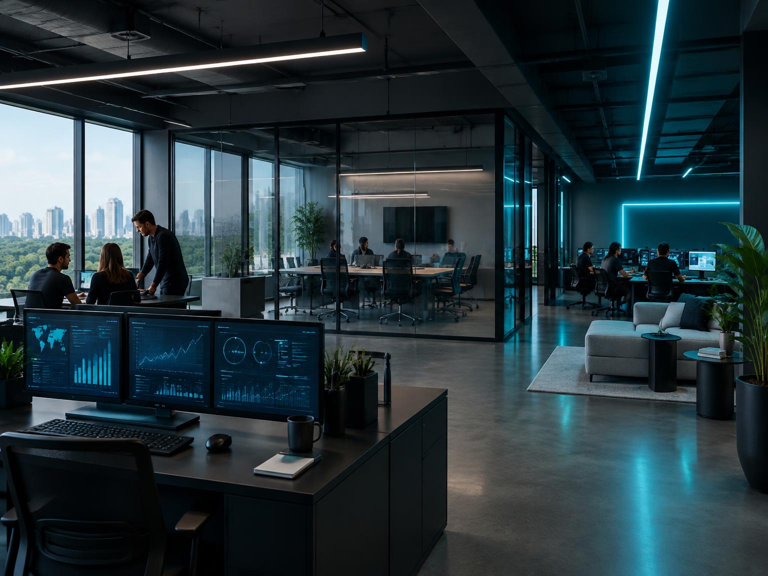 Escritório contemporâneo de marketing e performance com equipe e painéis de dados